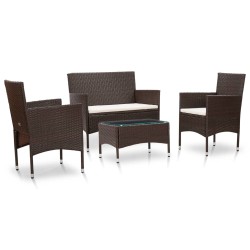 4 pcs conjunto lounge jardim c/ almofadões vime PE castanho