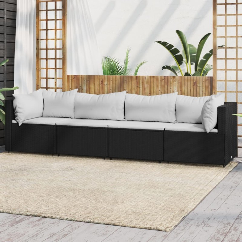 4 pcs conjunto lounge de jardim c/ almofadões vime PE preto-Sofás para exterior-Home Retail