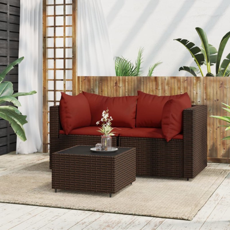 3 pcs conjunto lounge jardim c/ almofadões vime PE castanho-Sofás para exterior-Home Retail