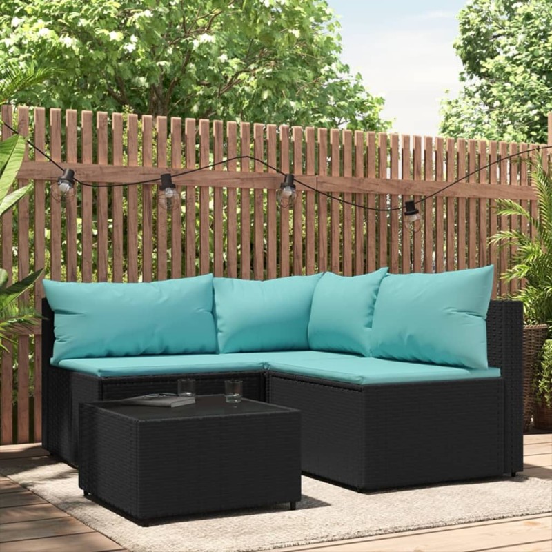 4 pcs conjunto lounge de jardim c/ almofadões vime PE preto-Sofás para exterior-Home Retail