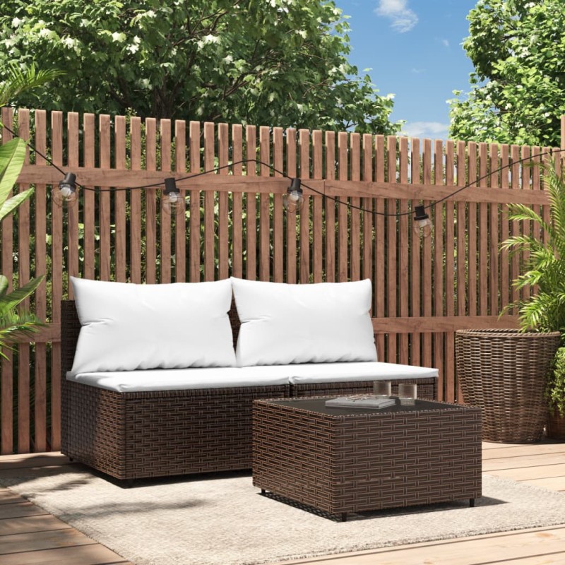 3 pcs conjunto lounge jardim c/ almofadões vime PE castanho-Sofás para exterior-Home Retail