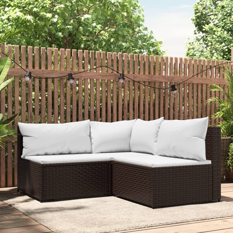 3 pcs conjunto lounge jardim c/ almofadões vime PE castanho-Sofás para exterior-Home Retail