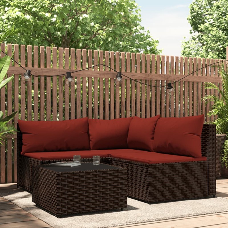 4 pcs conjunto lounge jardim c/ almofadões vime PE castanho-Sofás para exterior-Home Retail