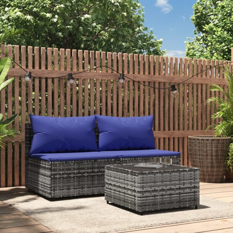 3 pcs conjunto lounge de jardim c/ almofadões vime PE cinzento-Sofás para exterior-Home Retail