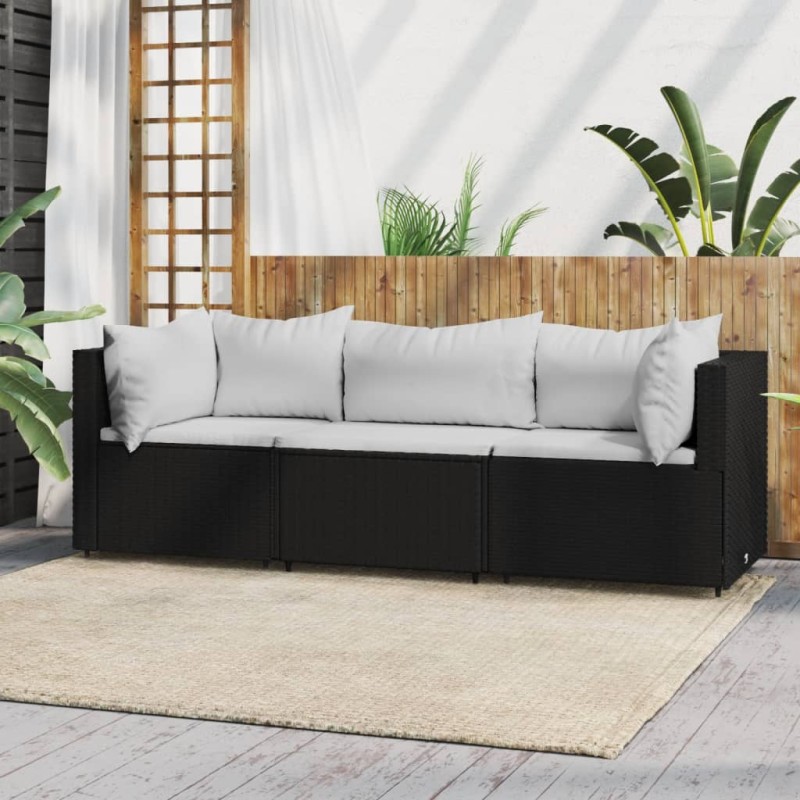 3 pcs conjunto lounge de jardim c/ almofadões vime PE preto-Sofás para exterior-Home Retail