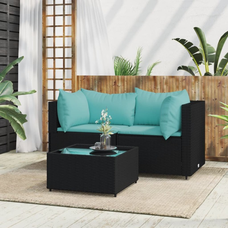 3 pcs conjunto lounge de jardim c/ almofadões vime PE preto-Sofás para exterior-Home Retail