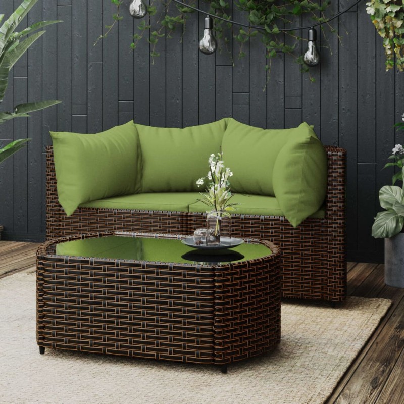 3 pcs conjunto lounge jardim c/ almofadões vime PE castanho-Sofás para exterior-Home Retail