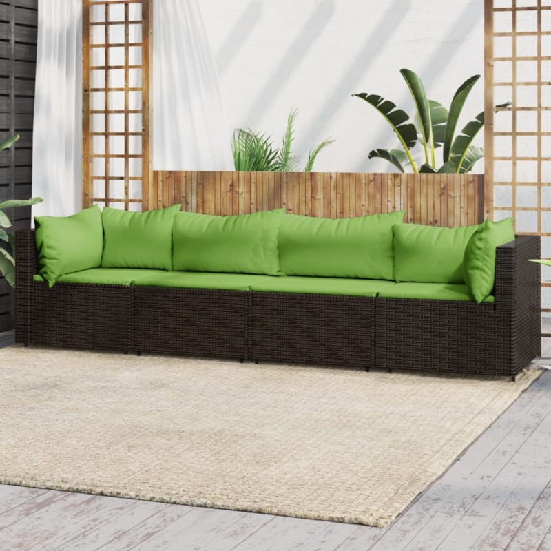 4 pcs conjunto lounge jardim c/ almofadões vime PE castanho-Sofás para exterior-Home Retail