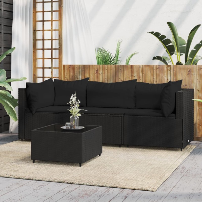 4 pcs conjunto lounge de jardim c/ almofadões vime PE preto-Sofás para exterior-Home Retail