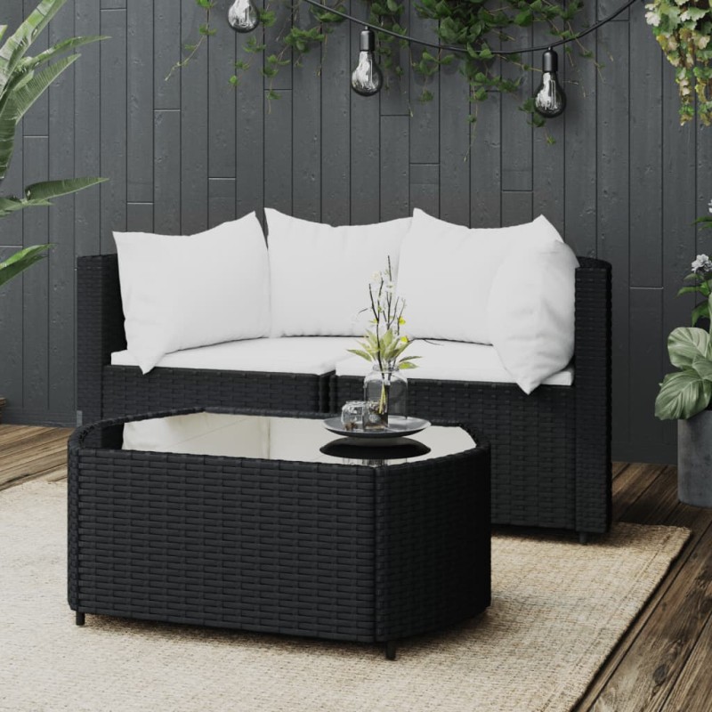 3 pcs conjunto lounge de jardim c/ almofadões vime PE preto-Sofás para exterior-Home Retail