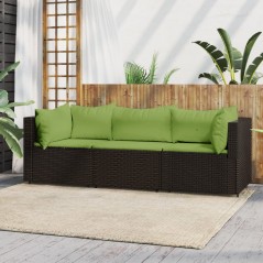 3 pcs conjunto lounge jardim c/ almofadões vime PE castanho