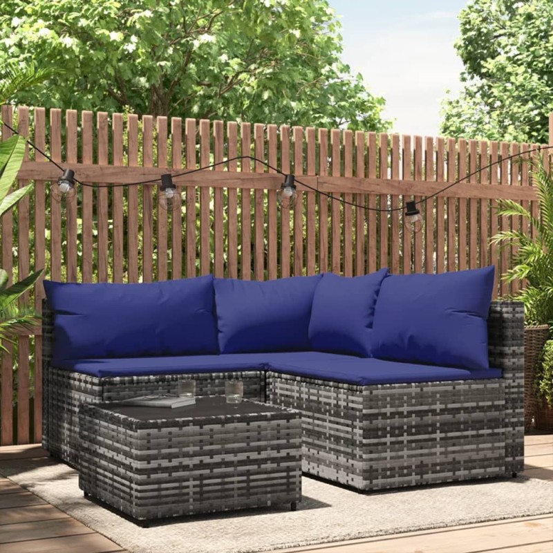 4 pcs conjunto lounge de jardim c/ almofadões vime PE cinzento-Sofás para exterior-Home Retail