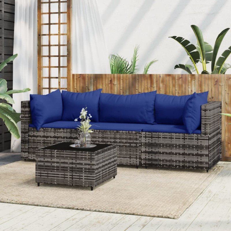 4 pcs conjunto lounge de jardim c/ almofadões vime PE cinzento-Sofás para exterior-Home Retail