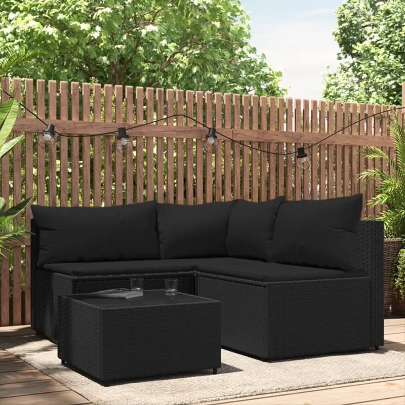 4 pcs conjunto lounge de jardim c/ almofadões vime PE preto-Sofás para exterior-Home Retail