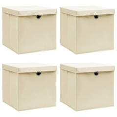 Caixas de arrumação com tampa 4 pcs 32x32x32 cm tecido creme