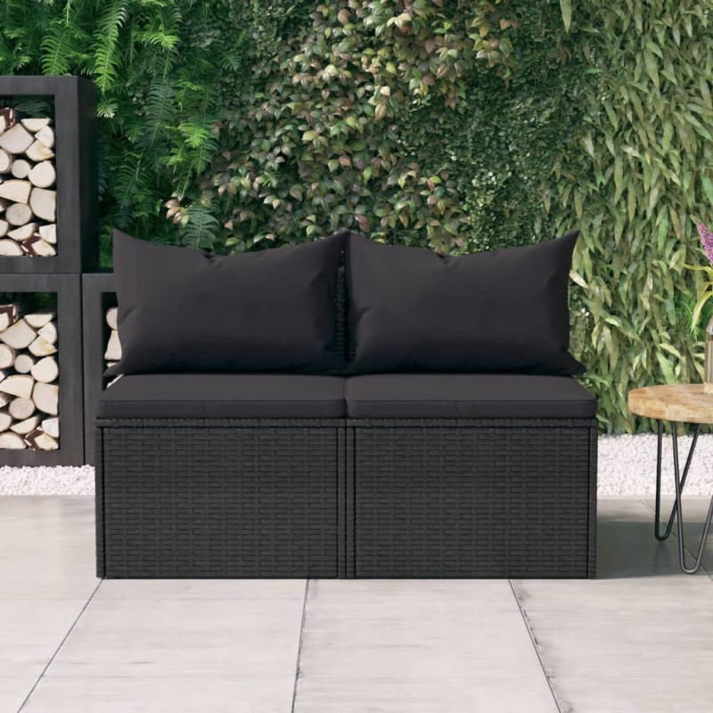 Sofás de centro p/ jardim c/ almofadões 2 pcs vime PE preto-Sofás para exterior-Home Retail