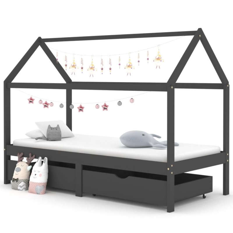 Cama p/ crianças c/ gavetas 90x200 cm pinho maciço cinza-escuro-Berços e camas infantis-Home Retail