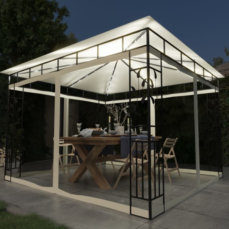 Gazebo c/ mosquiteiro e cordões luzes LED 3x3x2,73m creme-Toldos e gazebos-Home Retail