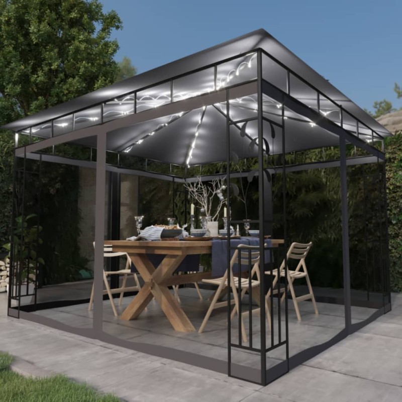 Gazebo c/ mosquiteiro e cordões luzes LED 3x3x2,73m antracite-Toldos e gazebos-Home Retail