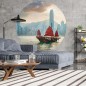 WallArt Papel de parede circular "Skyline with Junk Boat" 190 cm