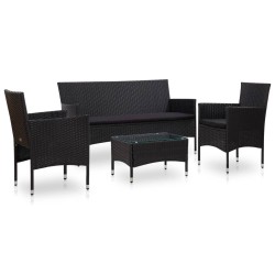 4 pcs conjunto lounge de jardim c/ almofadões vime PE preto