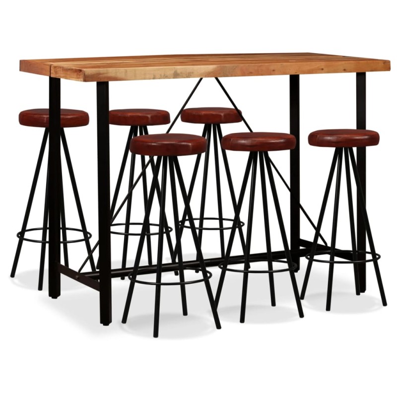 Conjunto de bar 7 pcs madeira acácia maciça e couro genuíno-Conjuntos de móveis para cozinha e sala de jantar-Home Retail