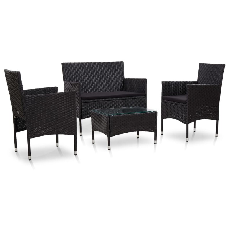 4 pcs conjunto lounge de jardim c/ almofadões vime PE preto-Conjuntos de jardim-Home Retail