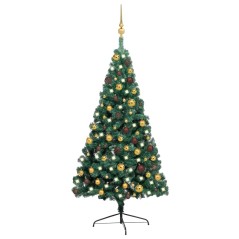 Meia árvore Natal artificial pré-iluminada c/ bolas verde