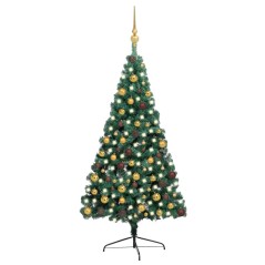 Meia árvore Natal artificial pré-iluminada c/ bolas verde