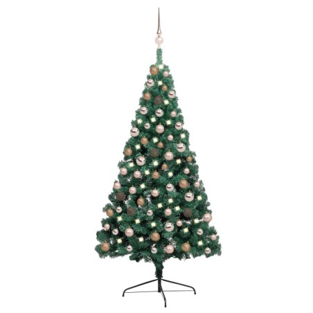 Meia árvore Natal artificial pré-iluminada c/ bolas verde