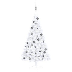 Meia árvore Natal artificial pré-iluminada c/ bolas branco