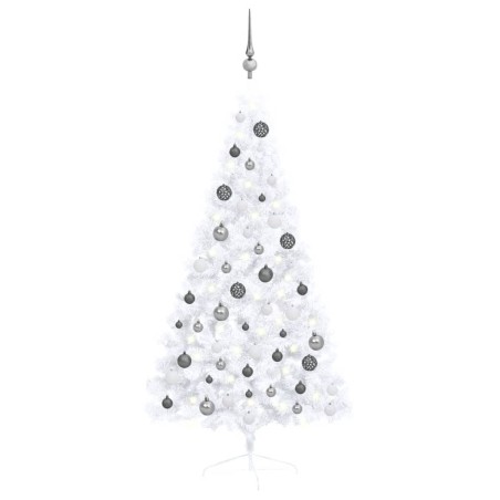 Meia árvore Natal artificial pré-iluminada c/ bolas branco