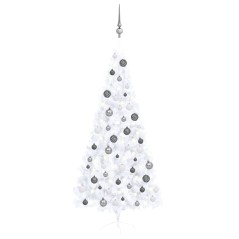 Meia árvore Natal artificial pré-iluminada c/ bolas branco