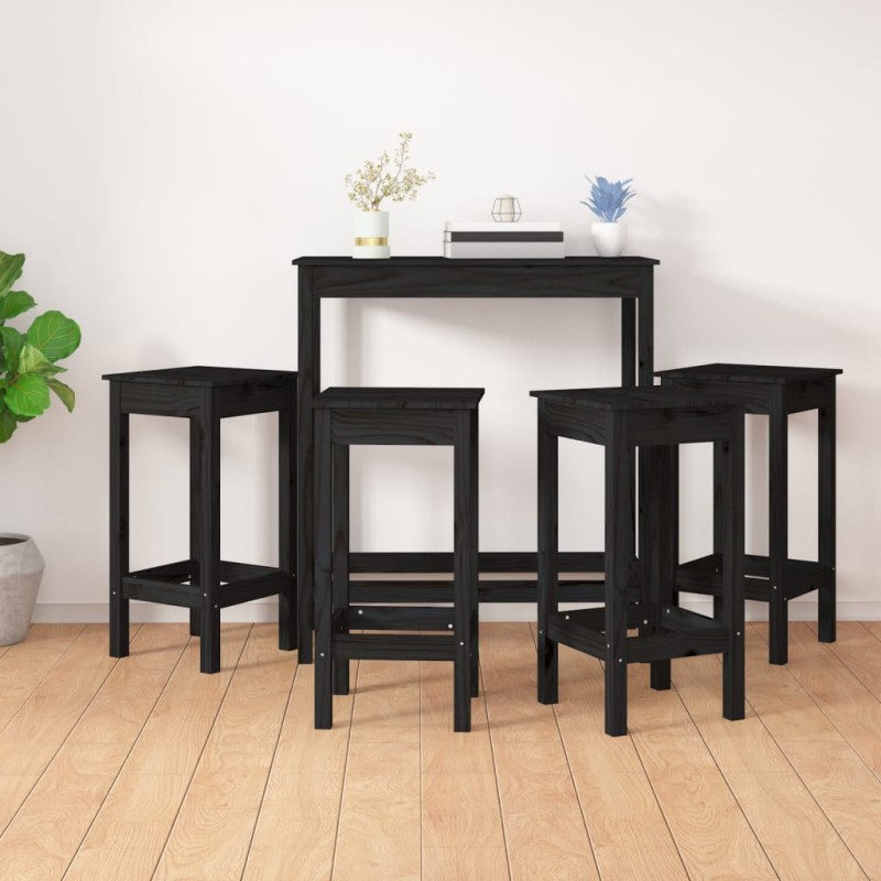 5 pcs conjunto de bar pinho maciço preto-Conjuntos de móveis para cozinha e sala de jantar-Home Retail