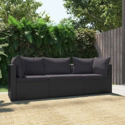 3 pcs conjunto sofás de jardim c/ almofadões vime PE preto