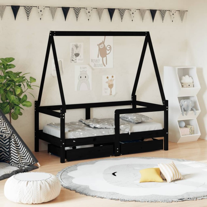 Estrutura cama infantil c/ gavetas 70x140 cm pinho maciço preto-Berços e camas infantis-Home Retail