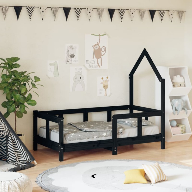 Estrutura de cama infantil 70x140 cm pinho maciço preto-Berços e camas infantis-Home Retail