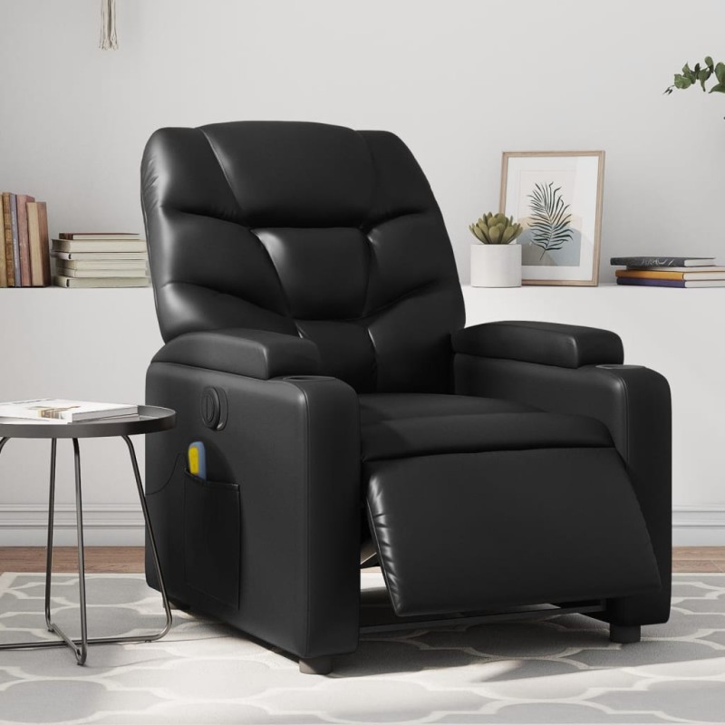 Poltrona massagens reclinável elétrica couro artificial preto-Poltronas-Home Retail