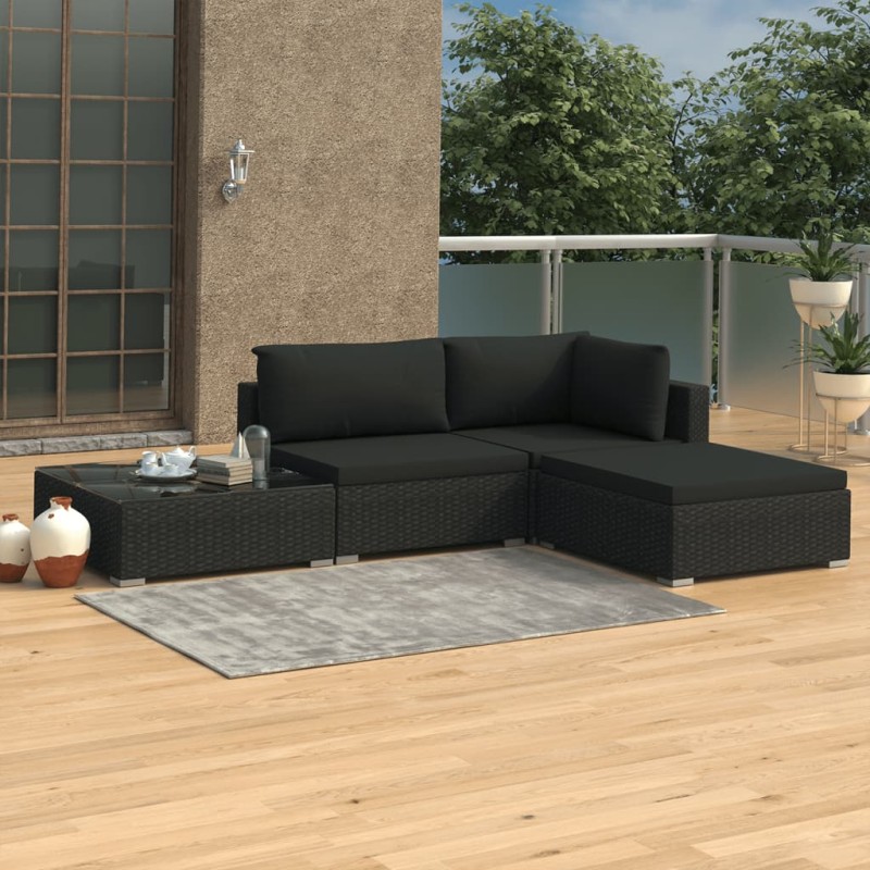 4 pcs conjunto lounge de jardim c/ almofadões vime PE preto-Conjuntos de jardim-Home Retail