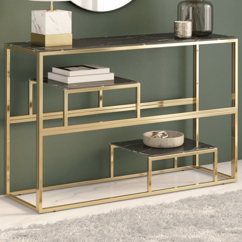 Mesa consola aço inoxidável e vidro temperado dourado-Mesas consola-Home Retail