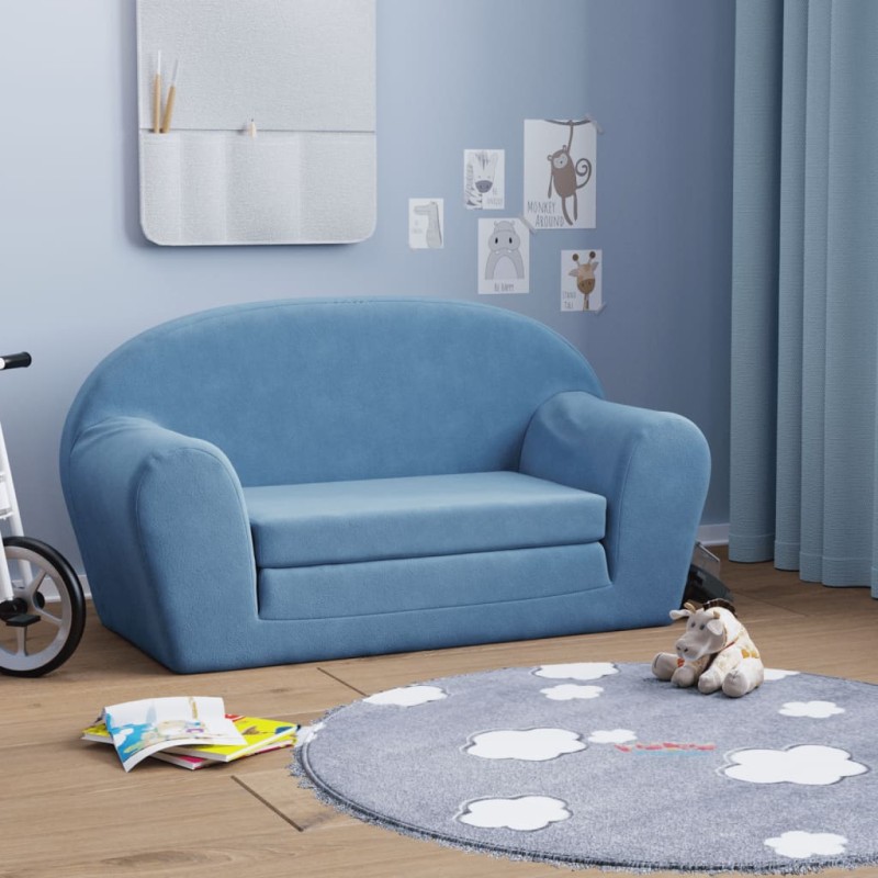 Sofá-cama infantil de 2 lugares pelúcia macia azul-Móveis para bebés e crianças-Home Retail